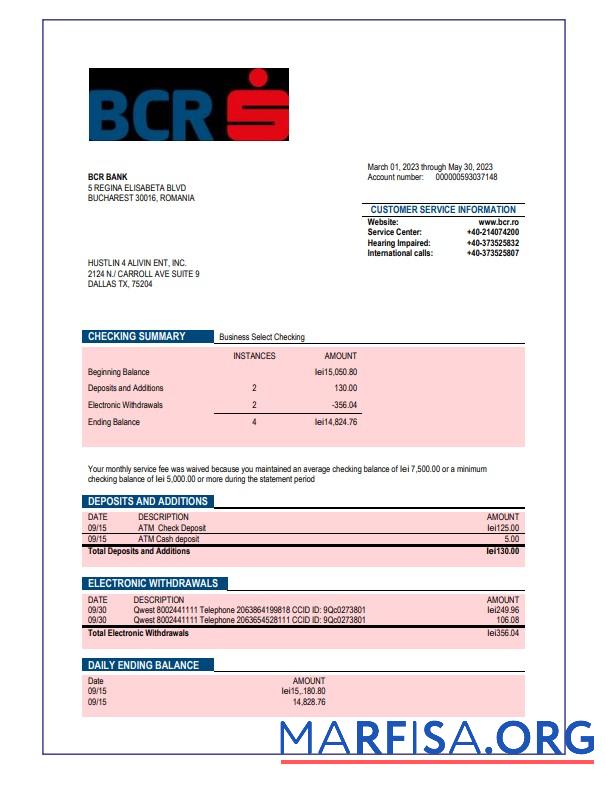 Realistic BCR Bank company checking account statement Word and PDF template